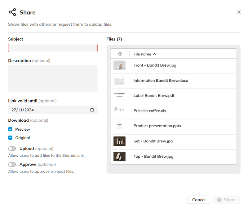 The dialog for sharing files with others
