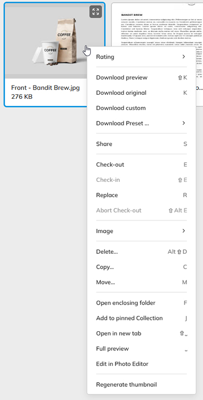 The keyboard shortcuts for a file can be seen in the context menu of a file