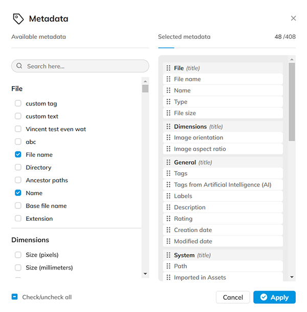 The Configure Metadata panel