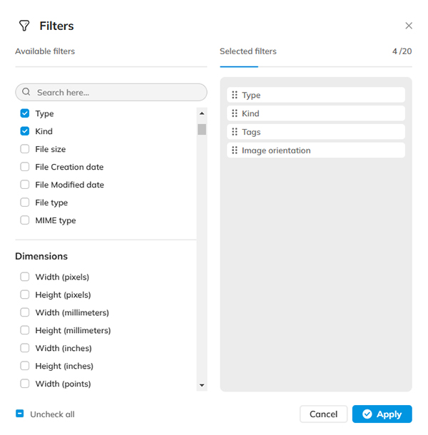 Changing the number of options that appear in the Filter panel