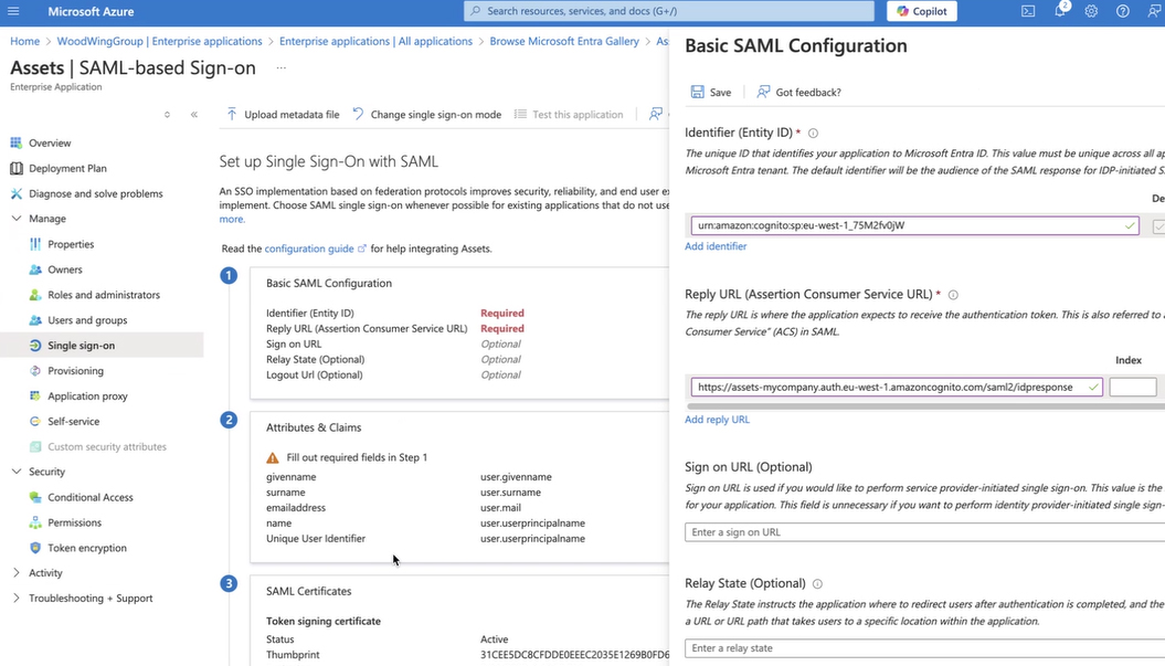 Editing the SAML options.