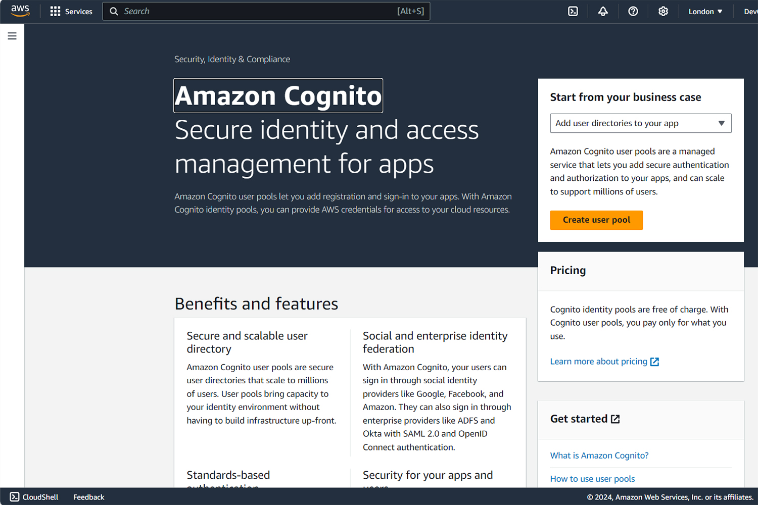 The Amazon Cognito page