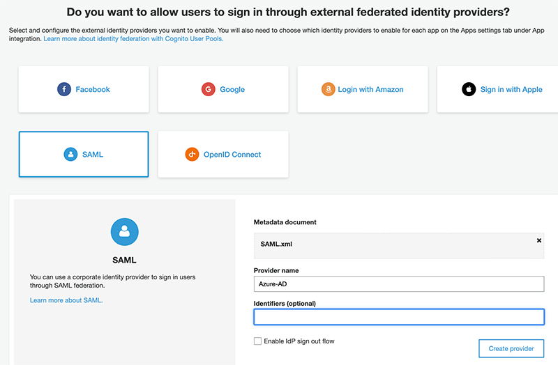 Setting up SAML in Cognito.