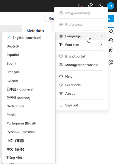 Choosing a languge from the Globe icon menu