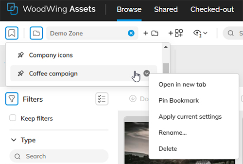 Managing a Bookmark by using the context menu commands
