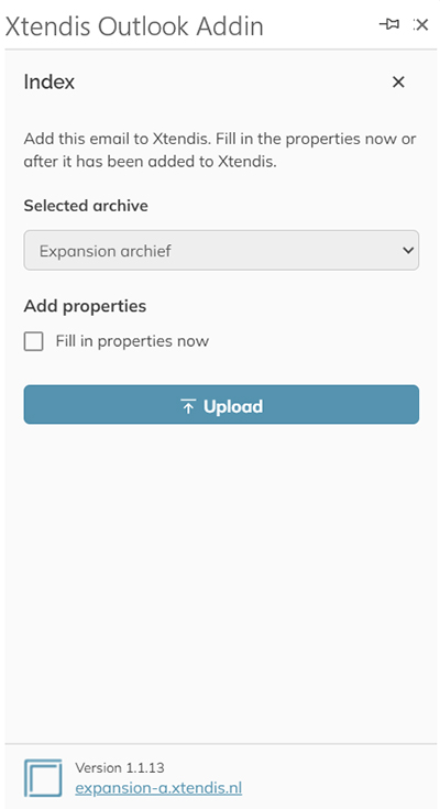 The options for selecting an Xtendis archive in Outlook
