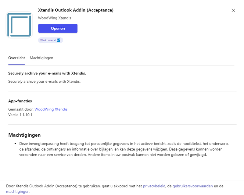 Het venster met gedetailleerde informatie over de Xtendis Outlook-addin