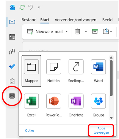 De opties voor het toevoegen van een app in een webbrowser