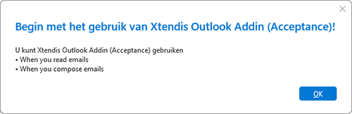 Het scherm met aanvullende informatie over de Xtendis Outlook-app