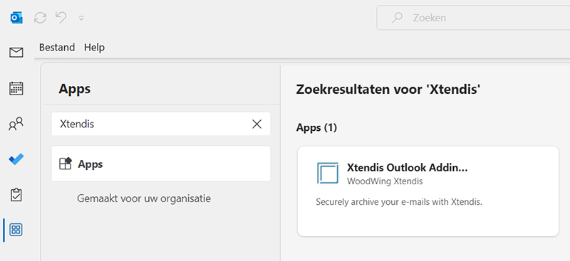De resultaten bij het zoeken naar de Xtendis-app