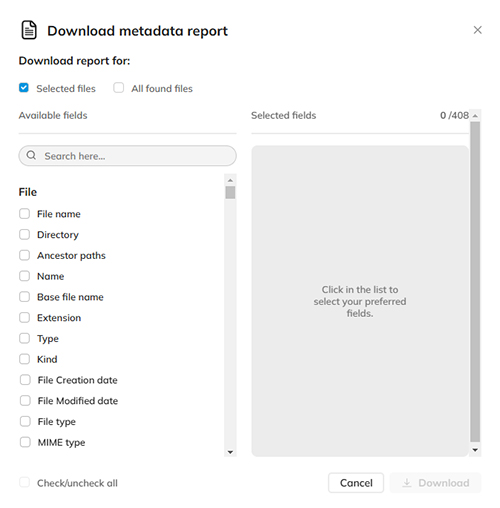 The Metadata report dialog