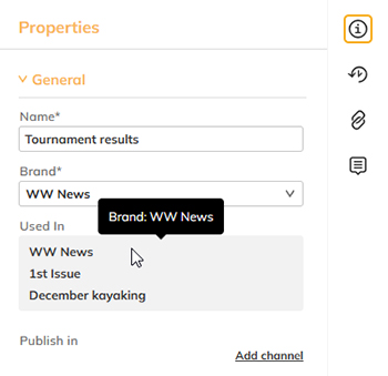 Checking the Used in property of an article in the Properties panel