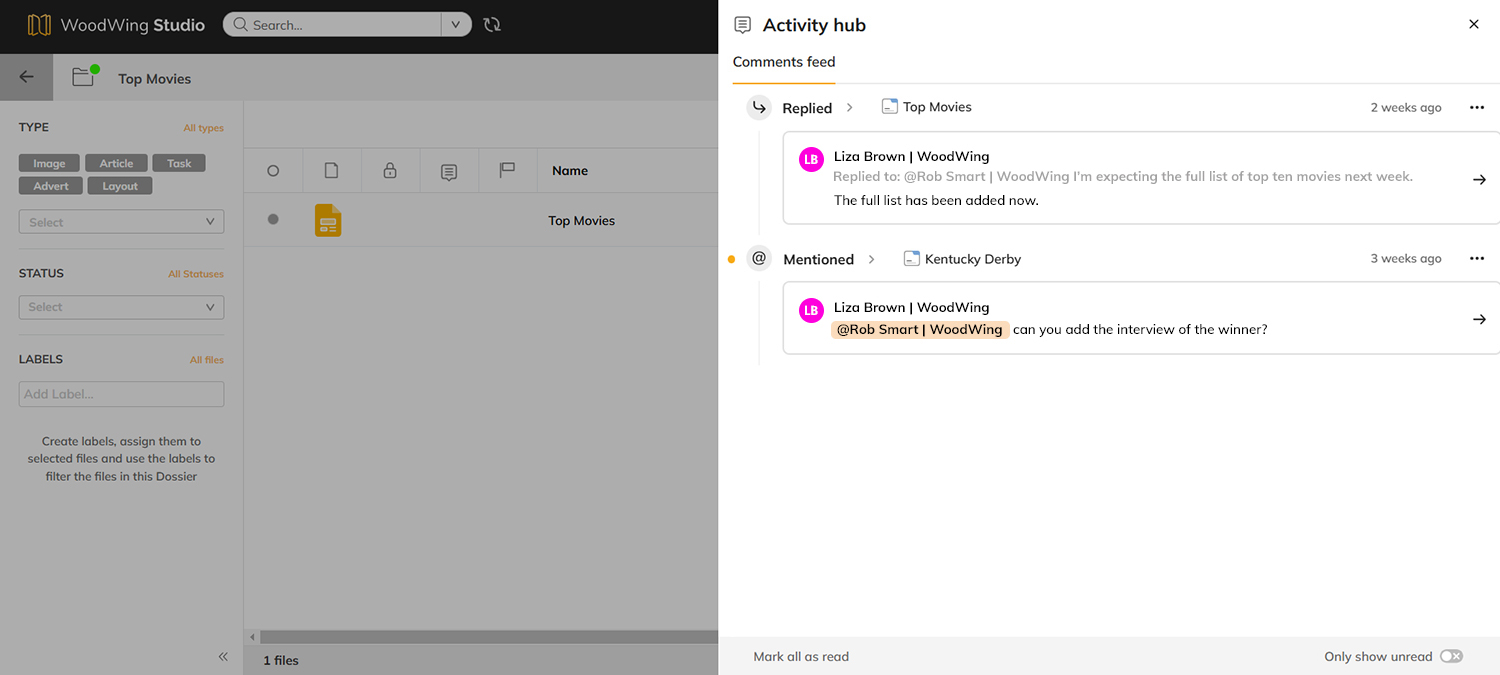 The Comments feed in the Activity hub