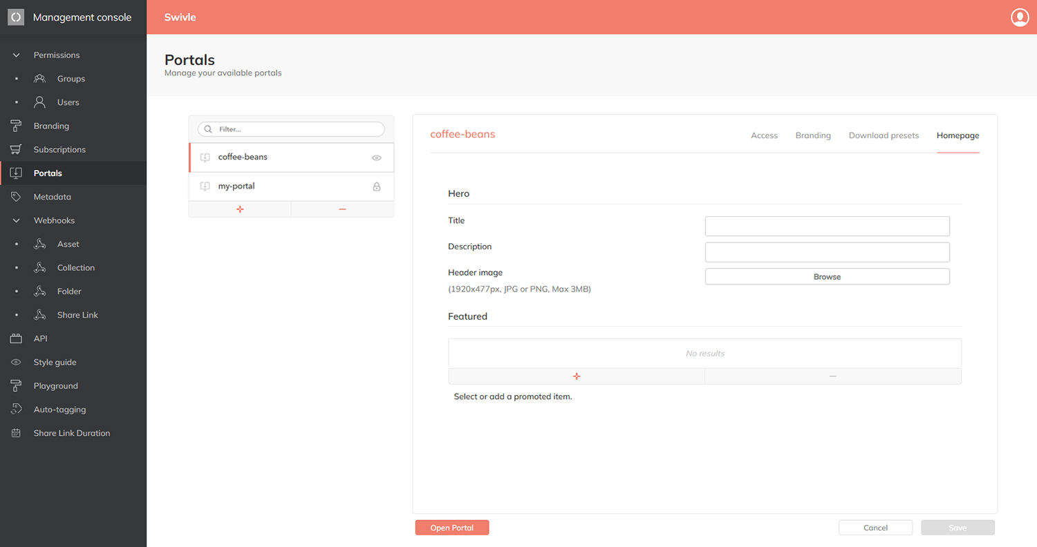 The Portals home page in the Management Console