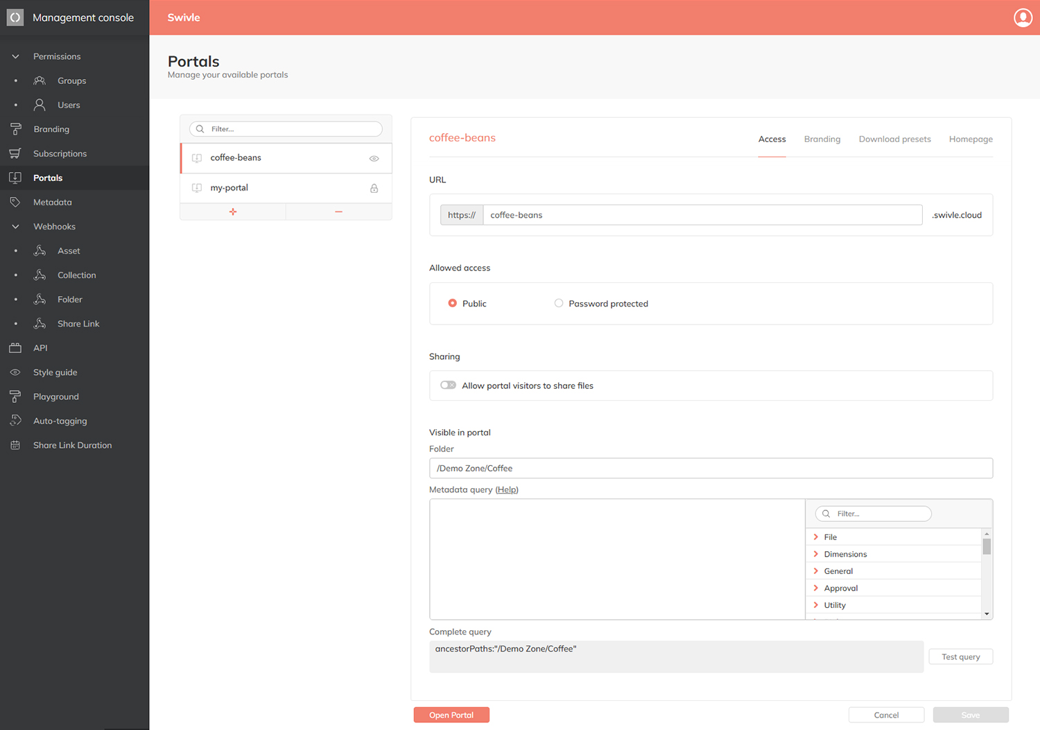 The Portals page in the Management Console