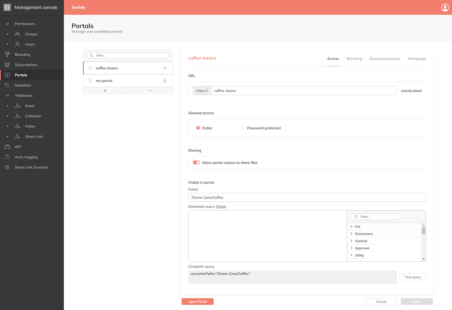 The Portals page in the Management Console