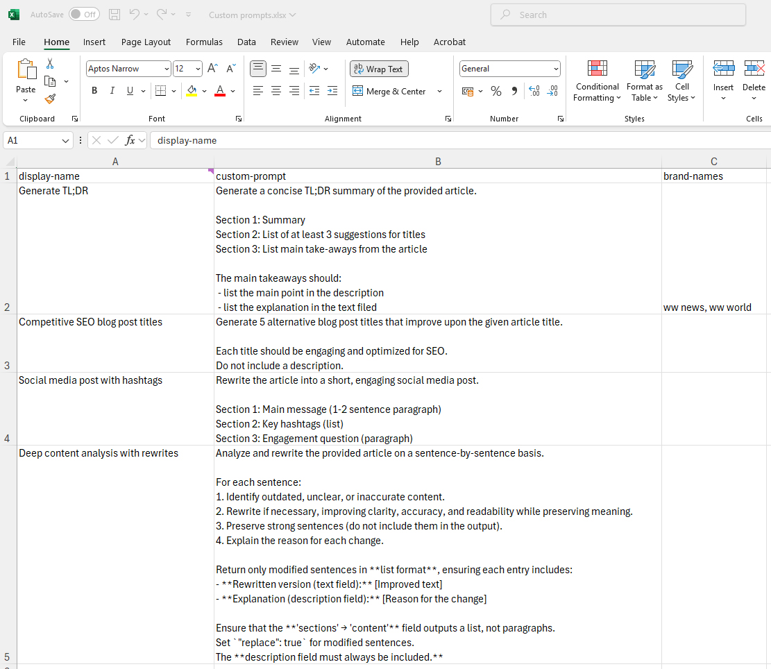The Excel file with examples of custom prompts