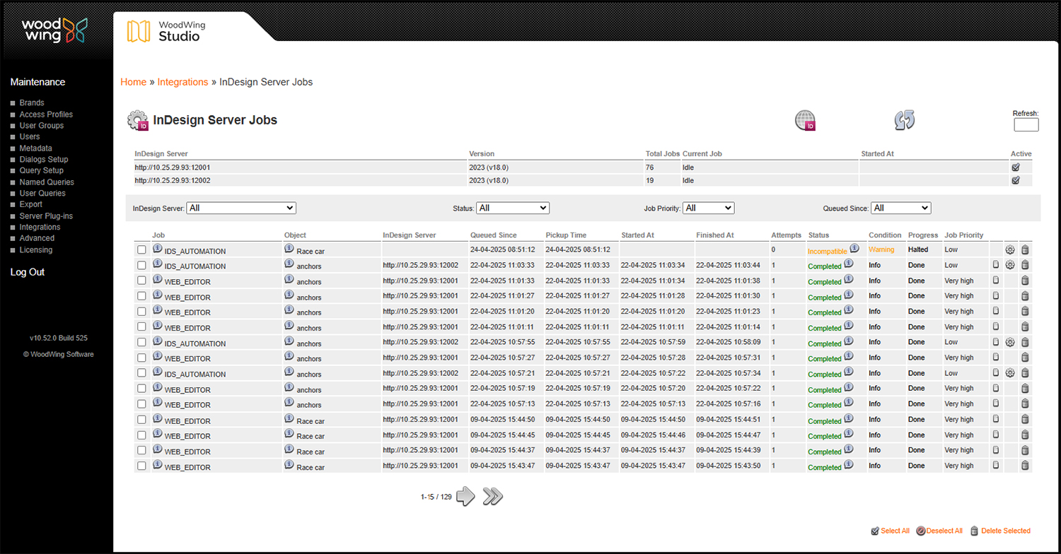 The InDesign Server Jobs Maintenance page