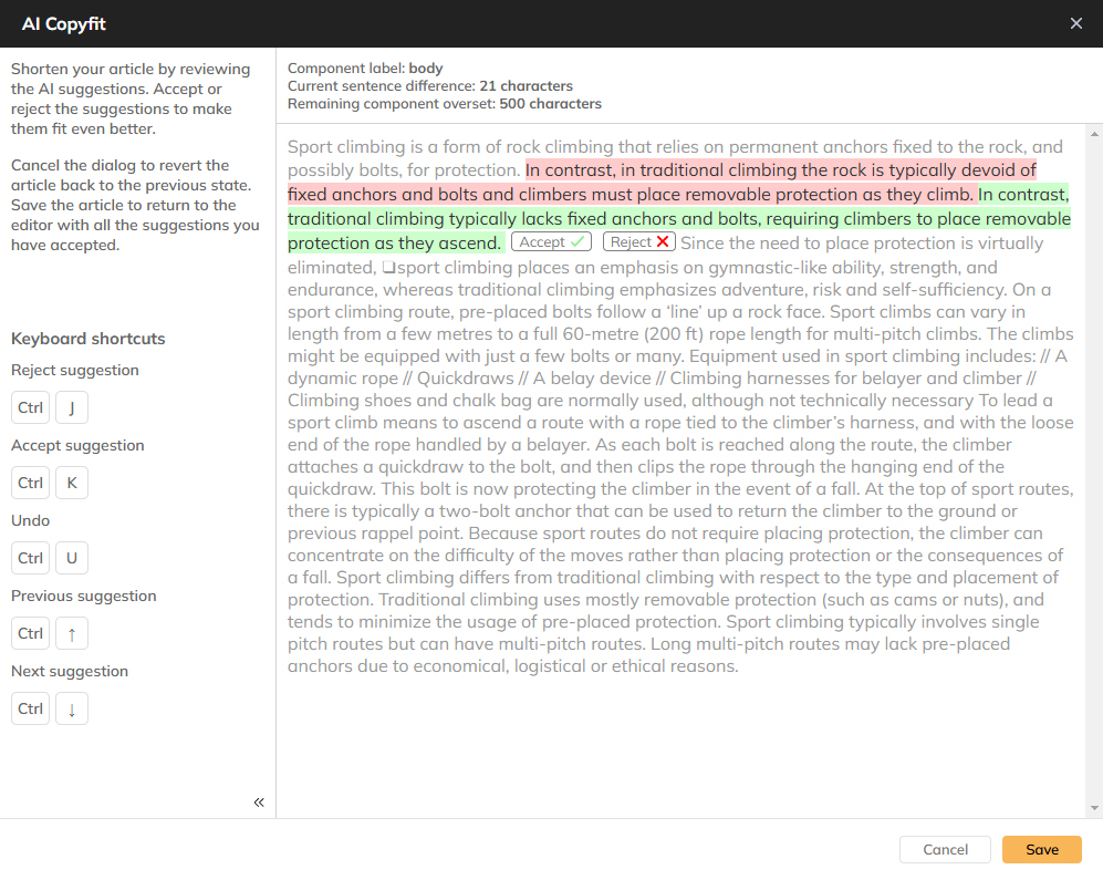 The AI Copyfit feature of the Print editor