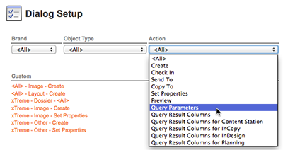 Choosing Query Parameters from the Action list