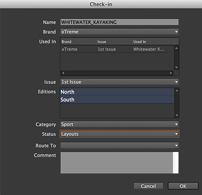 The Check In dialog for layouts
