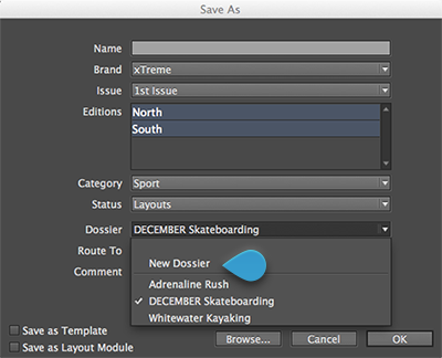 The Dossier list in the Save As dialog box of InDesign