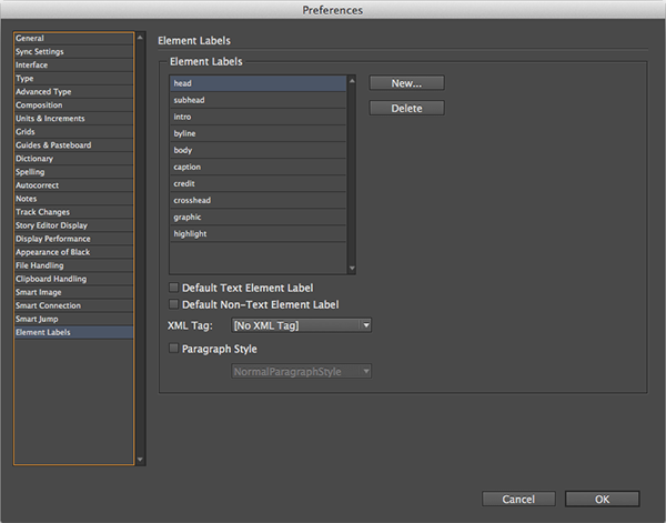 The Element Label preferences