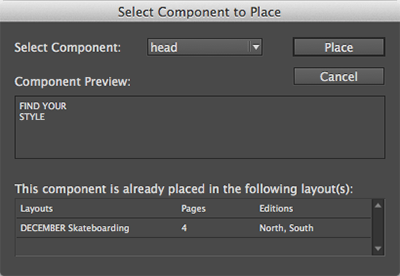 The dialog box for selecting the article component to place