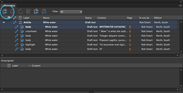 The Check In Article button in the Elements panel