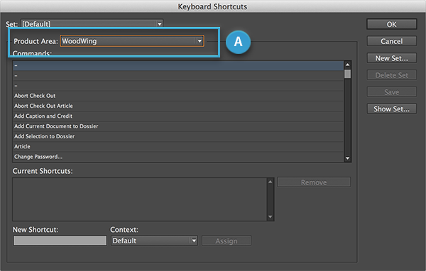The WoodWing option in the Product Area list