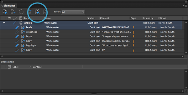 The Check-in All Articles button in the Elements panel