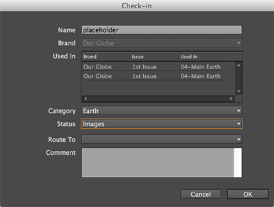 The Check-in dialog box for a Planned Image
