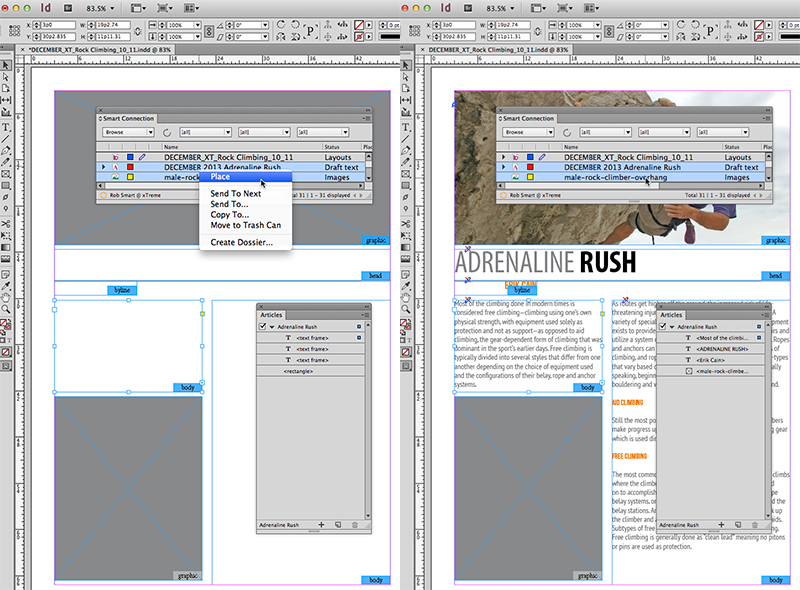Example of placing a multi-component InCopy article into an InDesign article