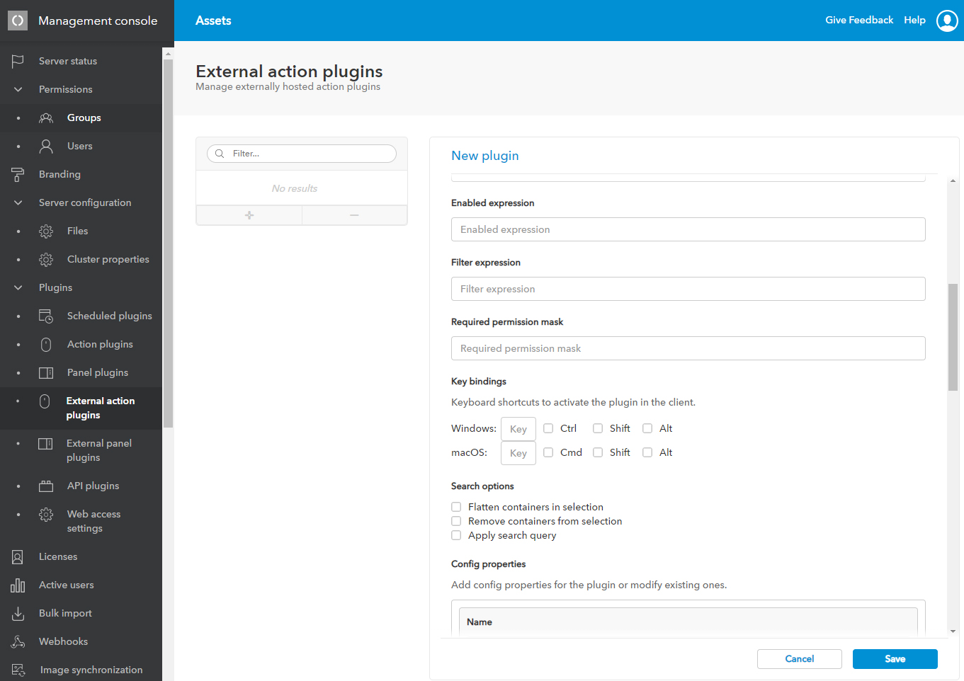 The Key bindings section on the External Action plug-ins page