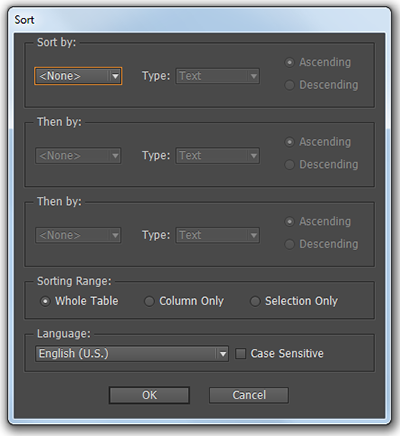 The Sorting dialog for tables.