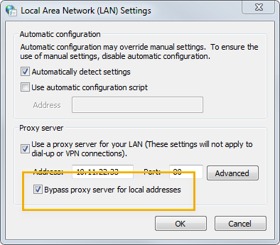 The 'Bypass proxy' settings on Windows