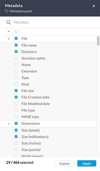 The Configure Metadata panel