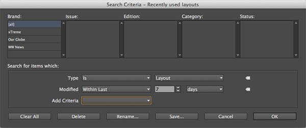 Search criteria for recently used layouts