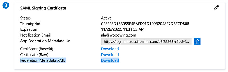 Downloading the Federation Metadata XML file.
