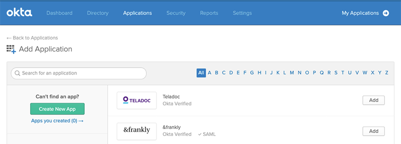 The Okta Add Application page