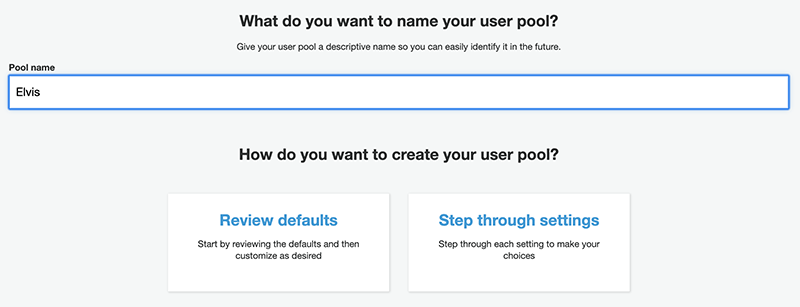 Entering a user pool name.
