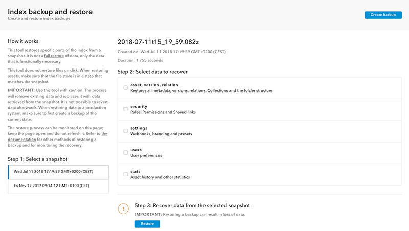 The Index backup and restore page