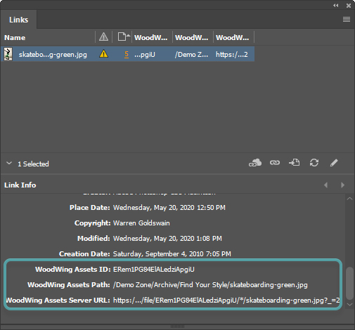 WoodWing Assets options shown in the Links panel