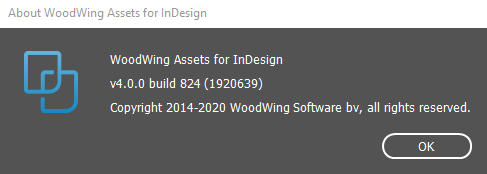 The About WoodWing Assets for InDesign dialog