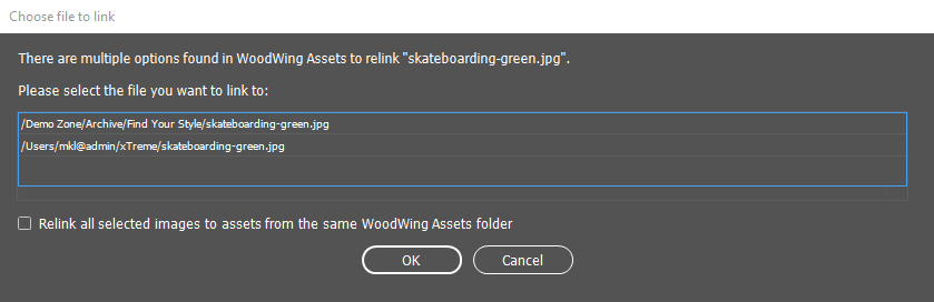 The dialog to choose the file to relink to