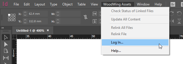 The Log In option in the WoodWing Assets menu