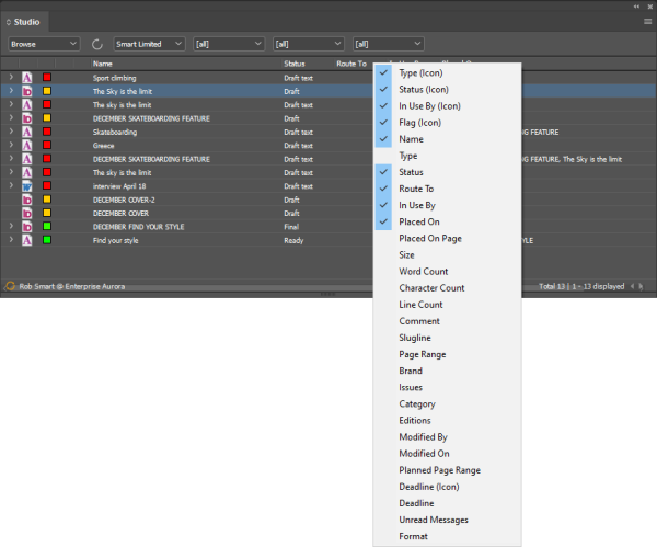 The columns of the Studio panel can be controlled through the context menu.