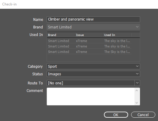 The Check-in dialog for an image.