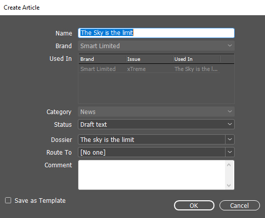 The Create Article dialog with the layout name automatically filled in.