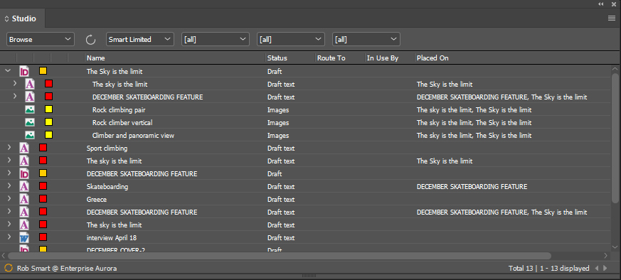 The Studio panel in List view mode.